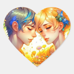 Anime Boy and Girl Floral Couple Themed Heart Sticker
