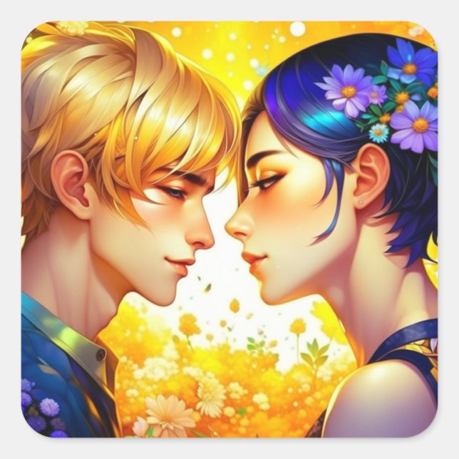 Anime Boy and Girl in Love Romantic Flirty Square Sticker (Front)