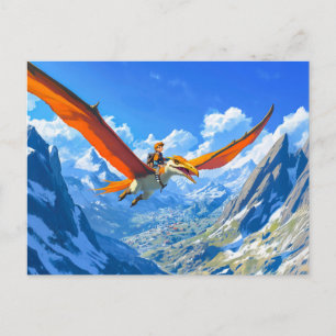 Anime boy flying Pteranodon dinosaur Alps Holiday Postcard