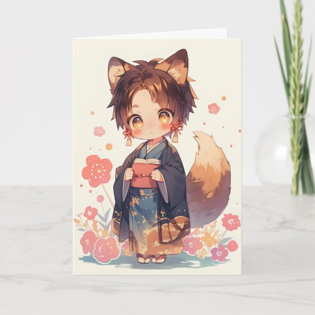 Anime Boy Fox Kitsune Fantasy Holiday Card (Front)