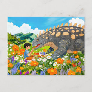 Anime boy picnic with dinosaur on meadow holiday postcard