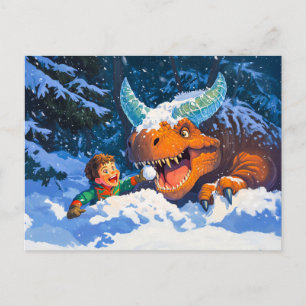 Anime boy playing dinosaur snowy day holiday postcard
