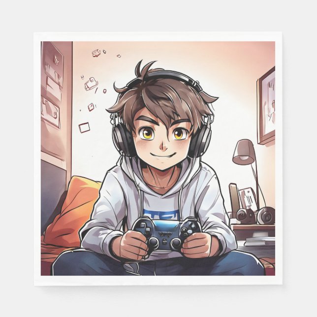 Anime Boy Playing Video Games Birthday Party Napkin (Front)
