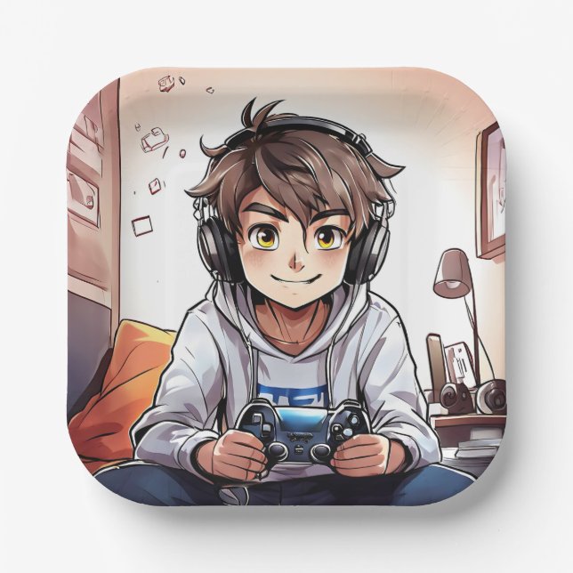 Anime Boy Playing Video Games Birthday Party Paper Plate (Front)