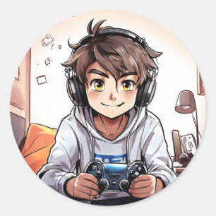 Anime Boy Playing Video Games Classic Round Sticker