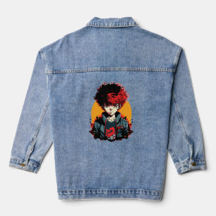 Anime Boy: Red and Black Hair Illustration Denim Jacket