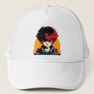 Anime Boy: Red and Black Hair Illustration Trucker Hat