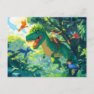 Anime boy riding T-Rex in jungle and birds Holiday Postcard