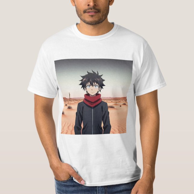 Anime Boy Standing in Desert Landscape – Anime Adv T-Shirt (Front)