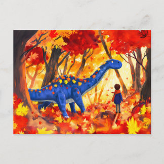 Anime boy walking dinosaur autumn forest holiday postcard