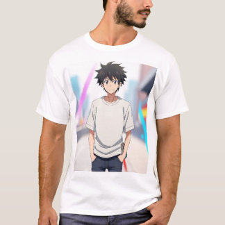 Anime Boy with Black Hair in Modern City Street – T-Shirt