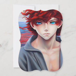 Anime Boy with Red Curly Hair Oil Painting Card