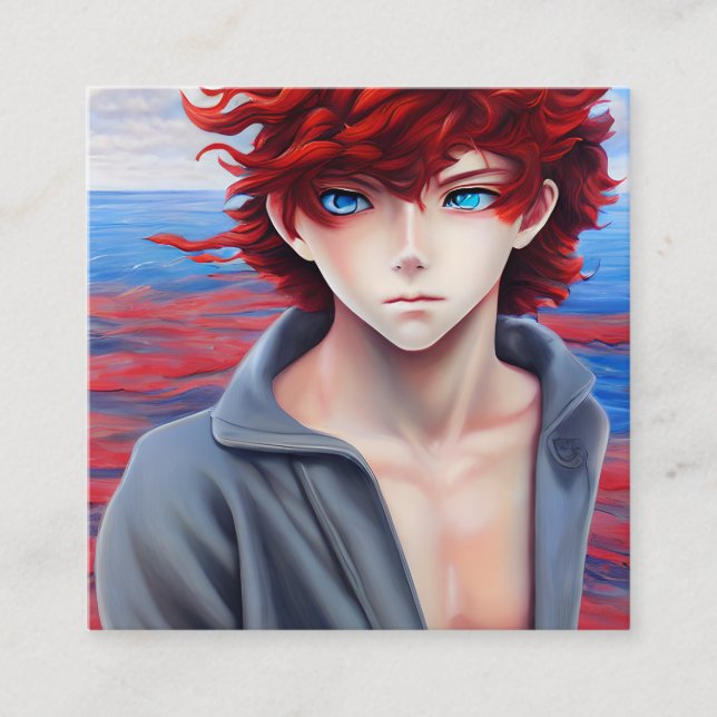Anime Boy with Red Curly Hair Oil Painting Square Business Card (Front)