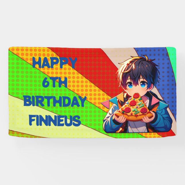 Anime Boy's Pizza Party Personalised Banner (Horizontal)