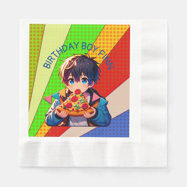 Anime Boy's Pizza Party Personalised Napkin (Front)
