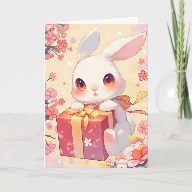 Anime Bunny Cute Present Holiday Card (Front)