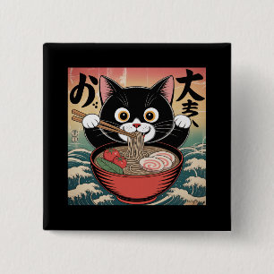 Anime Cat Eating Ramen Funny Japanese Retro Style 15 Cm Square Badge