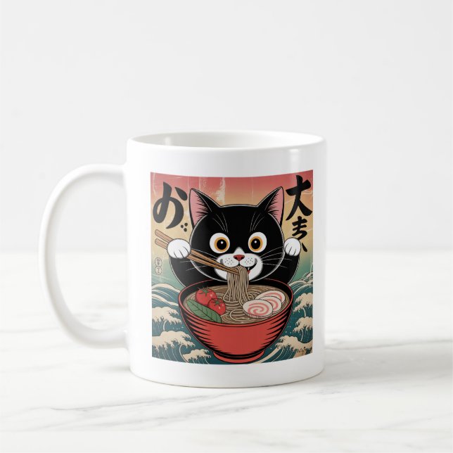 Anime Cat Eating Ramen Funny Japanese Retro Style Coffee Mug (Left)