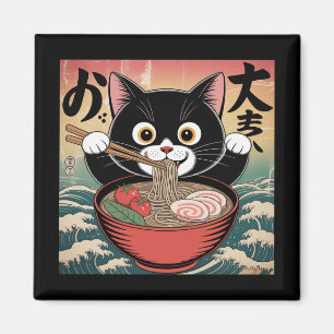 Anime Cat Eating Ramen Funny Japanese Retro Style Magnet