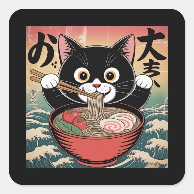 Anime Cat Eating Ramen Funny Japanese Retro Style Square Sticker (Front)