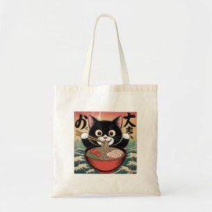 Anime Cat Eating Ramen Funny Japanese Retro Style Tote Bag