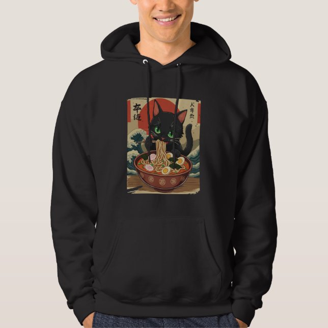Anime Cat Eating Ramen Japanese Art Graphic Cat Cu Hoodie (Front)
