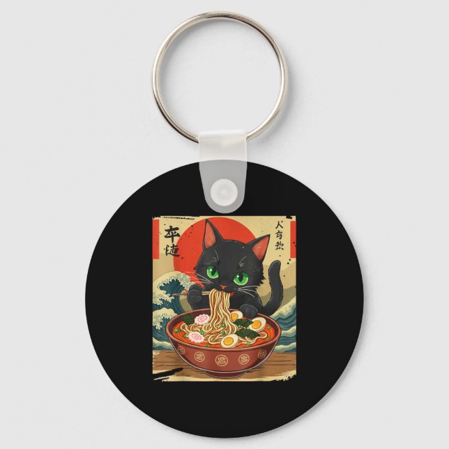 Anime Cat Eating Ramen Japanese Art Graphic Cat Cu Key Ring (Front)