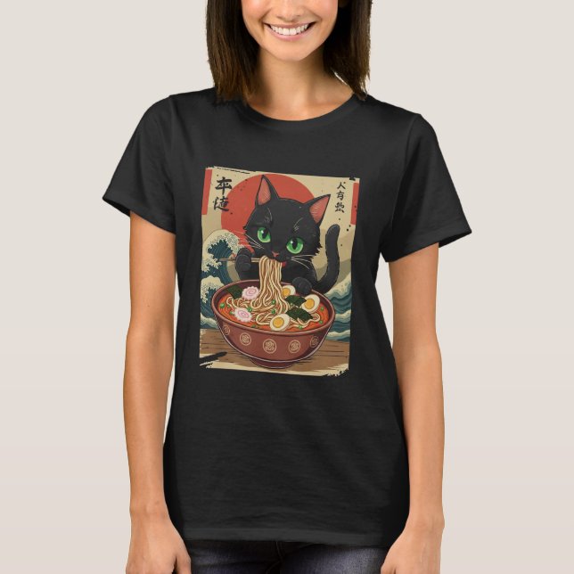 Anime Cat Eating Ramen Japanese Art Graphic Cat Cu T-Shirt (Front)