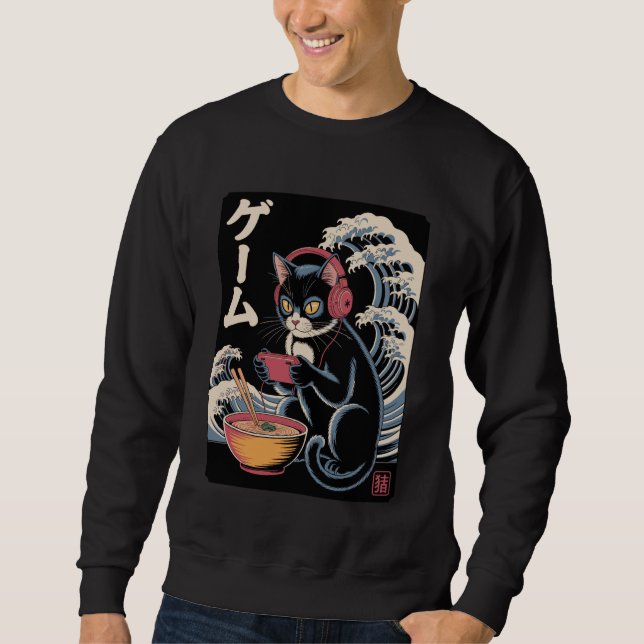 Anime Cat Eating Ramen Japanese Wave Kawaii Neko K Sweatshirt (Front)
