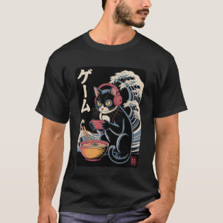 Anime Cat Eating Ramen Japanese Wave Kawaii Neko K T-Shirt