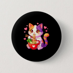 Anime Cat Eating Ramen Noodles With Hearts Funny V 6 Cm Round Badge
