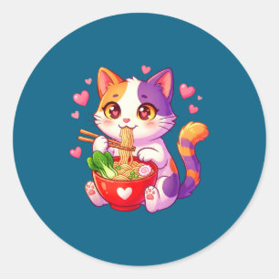 Anime Cat Eating Ramen Noodles With Hearts Funny V Classic Round Sticker