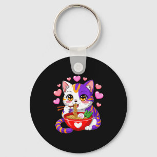 Anime Cat Eating Ramen Noodles With Hearts Funny V Key Ring