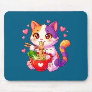 Anime Cat Eating Ramen Noodles With Hearts Funny V Mouse Pad