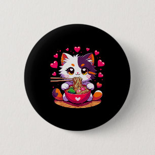 Anime Cat Eating Ramen Noodles With Hearts Valenti 6 Cm Round Badge