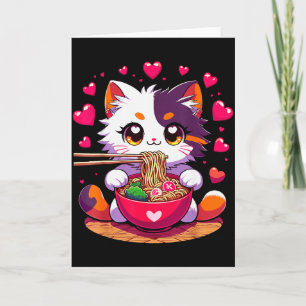 Anime Cat Eating Ramen Noodles With Hearts Valenti Card