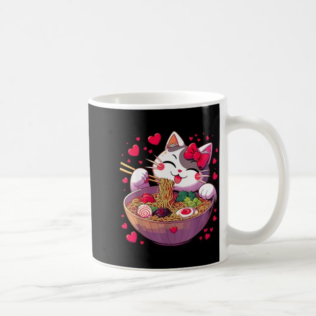 Anime Cat Eating Ramen Noodles With Hearts Valenti Coffee Mug (Right)