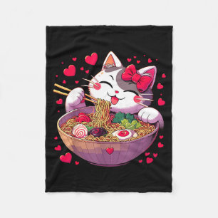 Anime Cat Eating Ramen Noodles With Hearts Valenti Fleece Blanket