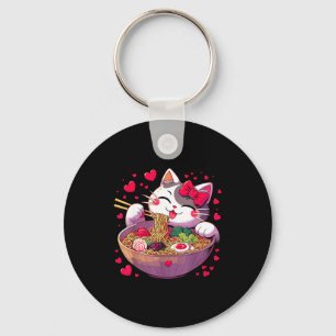 Anime Cat Eating Ramen Noodles With Hearts Valenti Key Ring