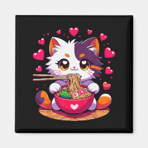 Anime Cat Eating Ramen Noodles With Hearts Valenti Magnet