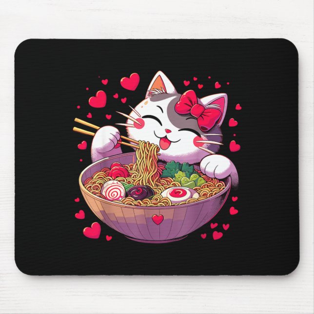 Anime Cat Eating Ramen Noodles With Hearts Valenti Mouse Pad (Front)