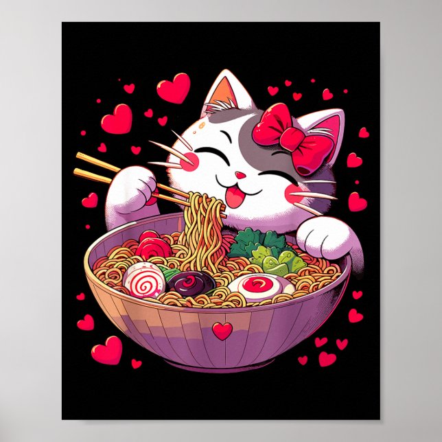 Anime Cat Eating Ramen Noodles With Hearts Valenti Poster (Front)