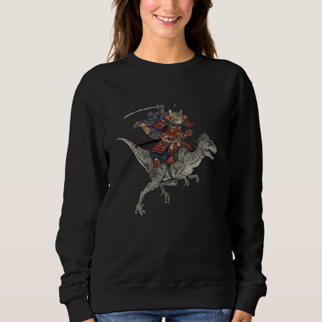 Anime Cat Funny Samurai Cat Riding Dinosaur Veloci Sweatshirt (Front)