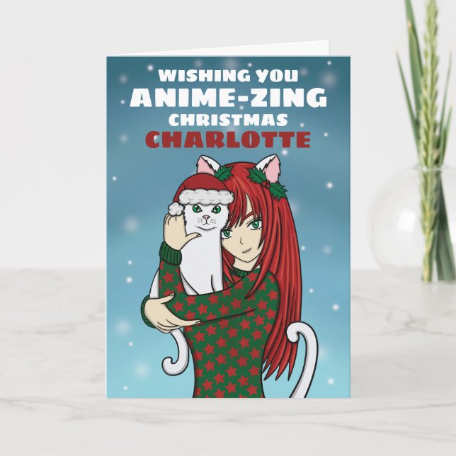 Anime Cat Girl Christmas Holiday Card (Front)