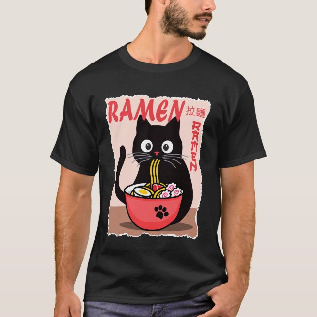 Anime Cat Ramen Instant Noodles Funny Japanese Cat T-Shirt (Front)