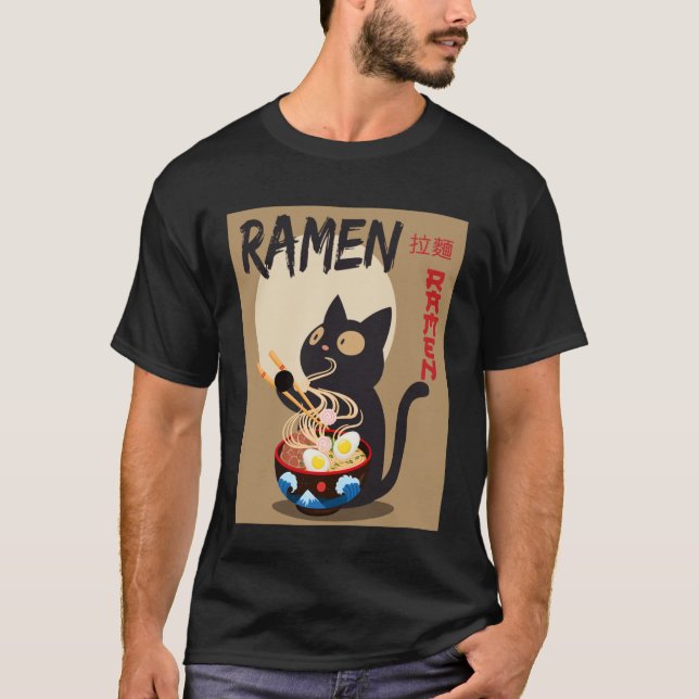 Anime Cat Ramen Instant Noodles Funny Japanese Cat T-Shirt (Front)