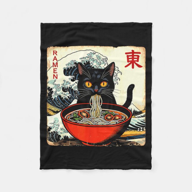 Anime Cat Ramen Japanese Funny Graphic Tees Kawaii Fleece Blanket (Front)