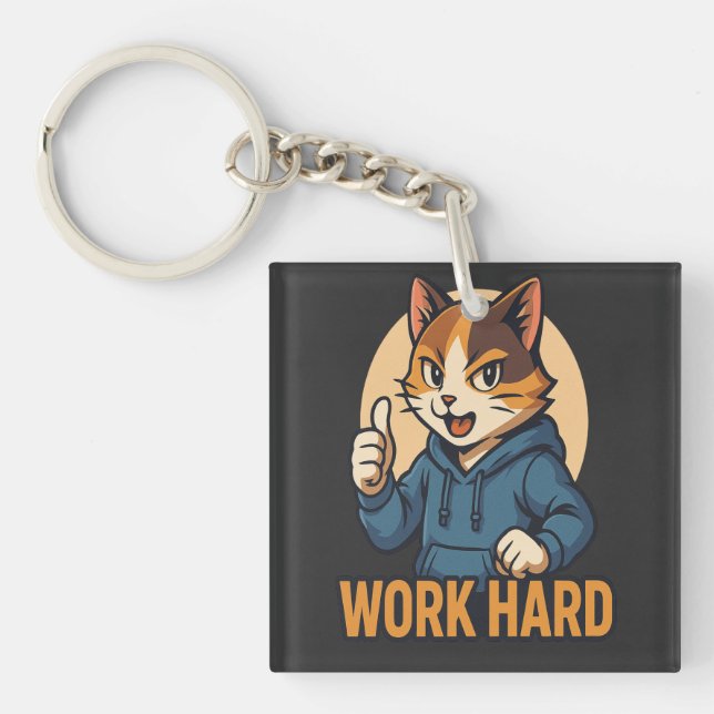 Anime Cat - WORK HARD Motivational Japanese style Key Ring (Front)