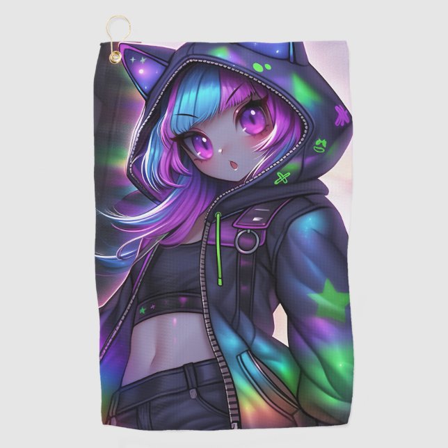 Anime Catgirl Night Glow Golf Towel (Front)