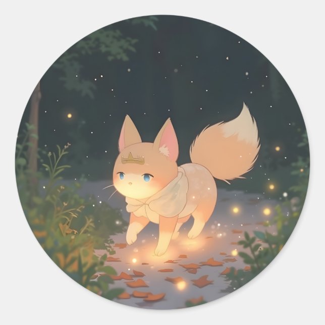 Anime Celestial Fox in a Starlit Forest Classic Round Sticker (Front)